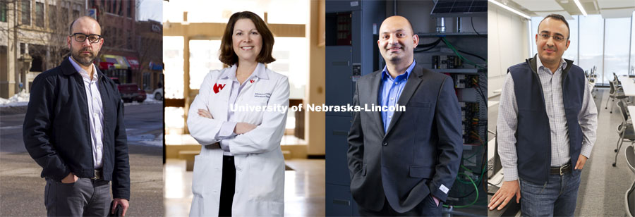 A team of researchers from three University of Nebraska institutions is among the finalists in a global competition to develop an artificial intelligence-driven model to advise policymakers on how it is best to handle the COVID-19 pandemic.  From left: Dan Piatkowski, assistant professor of community and regional planning at UNL, Alison Freifeld, professor of internal medicine at University of Nebraska Medical Center and an infectious diseases expert, Fadi Alsaleem, assistant professor of architectural engineering at the University of Nebraska-Lincoln and an expert in Big Data analysis and Basheer Qolomany, assistant professor of computer science at University of Nebraska-Kearney and an expert in cyber systems; Photos by Craig Chandler/UNL, Kent Sievers/UNMC, Ryan Soderlin/UNO, and Erika Pritchard/UNK. Photos taken February 2021,
